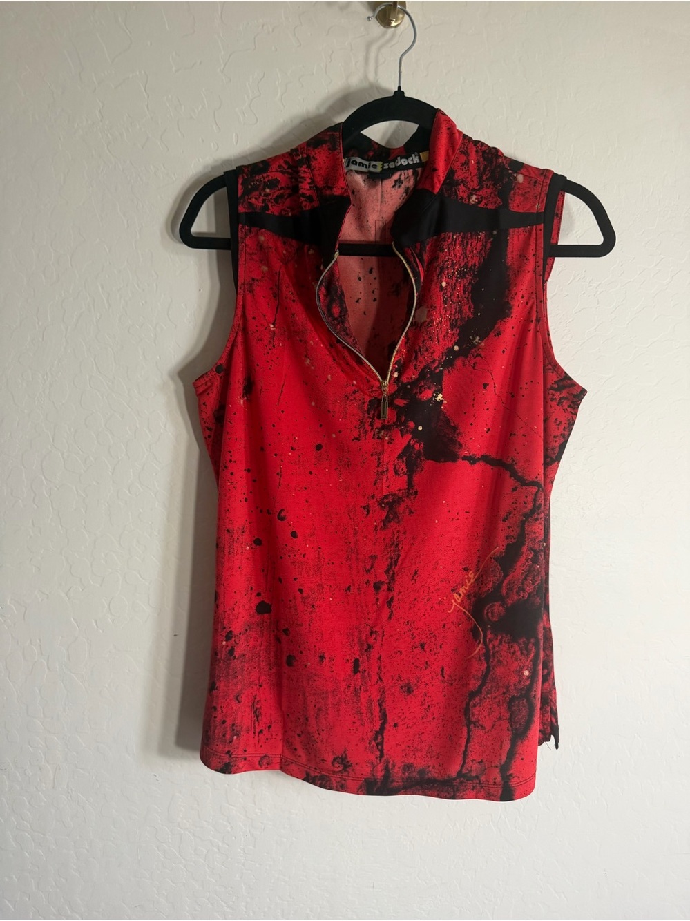 Jamie Sadock Red & Black Sleeveless Zip Polo Top L